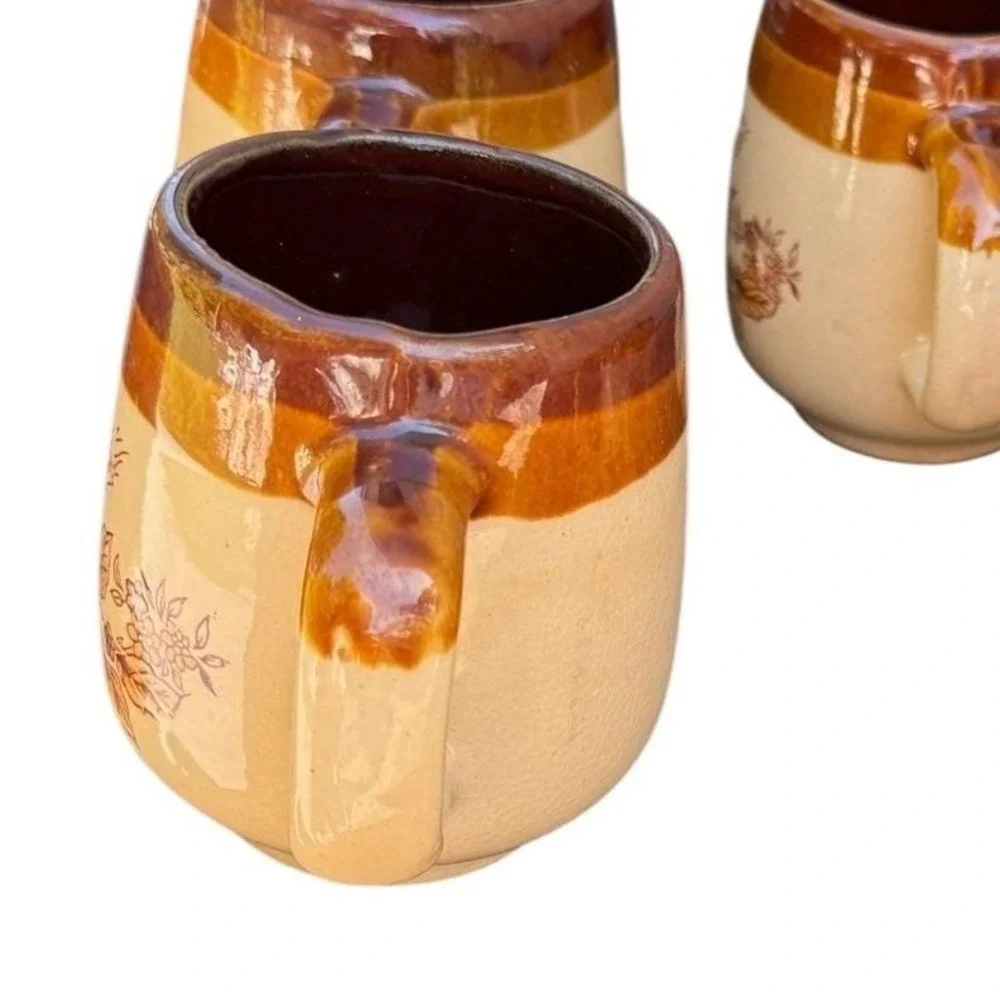 Vintage Stoneware Tea Set Wheat Pattern Teapot Creamer‎ Sugar 4 Mugs Brown Tan